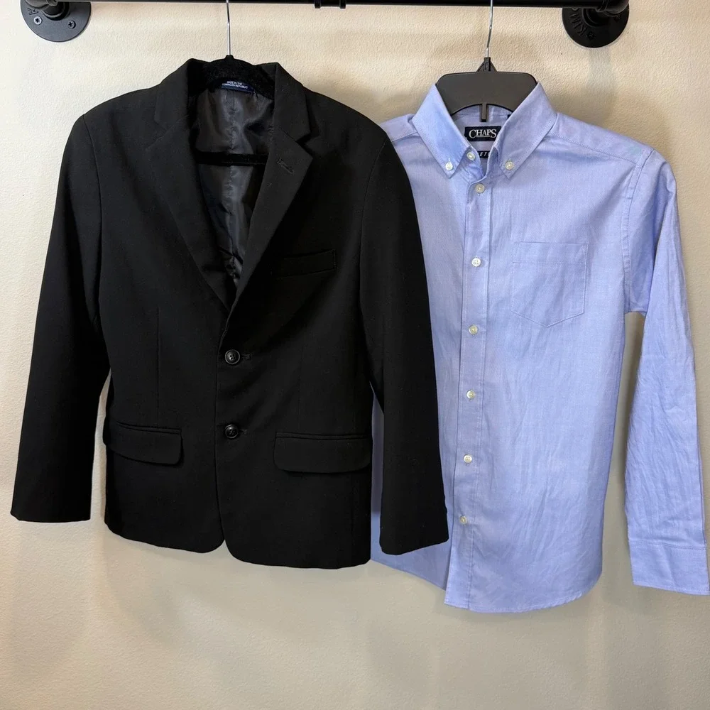 Chaps Boys Black Blazer and Light Blue Stretch Button Down Shirt Set Size 10 289